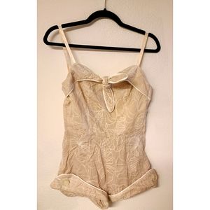 Vintage romper playsuit tan and white floral SMALL